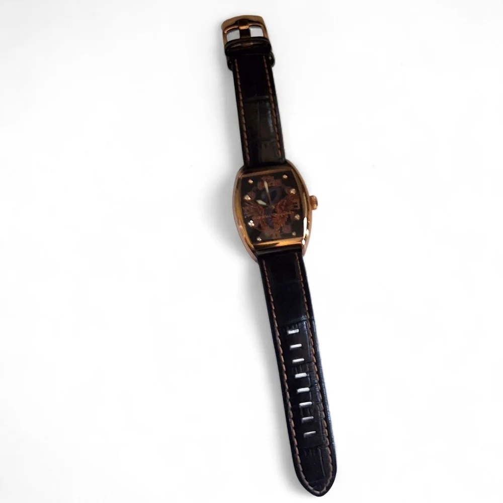 Christian Audigier Watch INC-310 Rose Gold Tattoo Dial Black Leather Band
